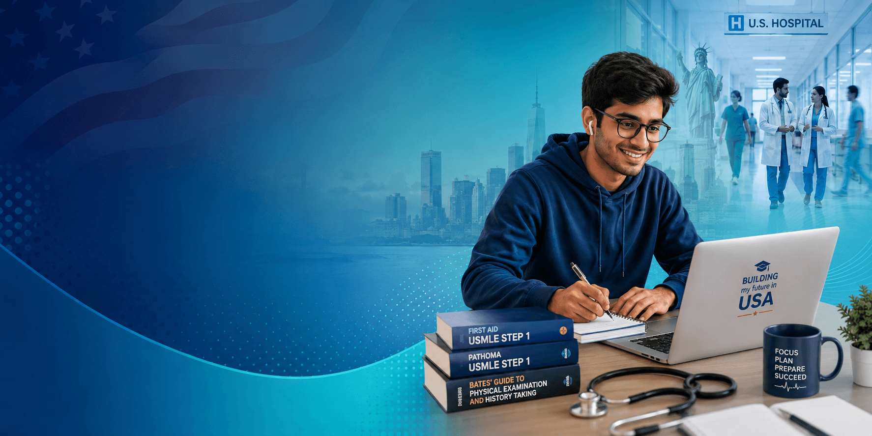 Medical student preparing for USMLE online